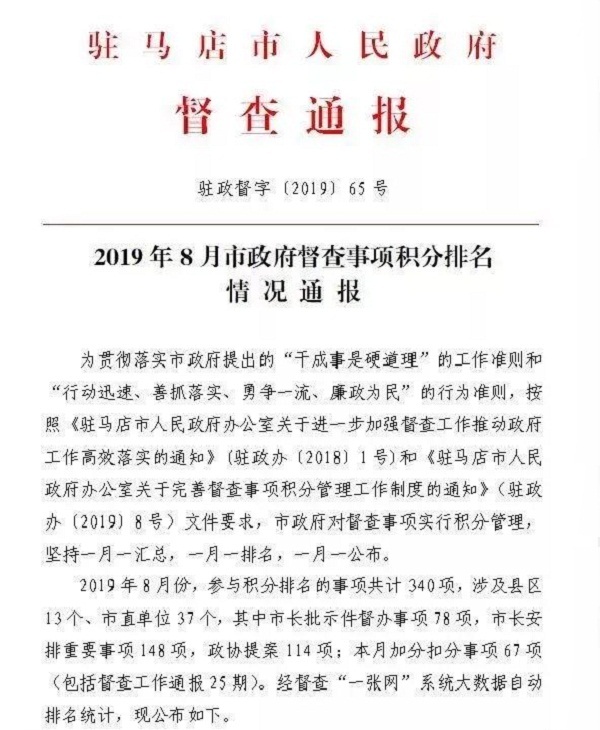 2019年8月市政府督查事項(xiàng)積分排名情況通報(bào)