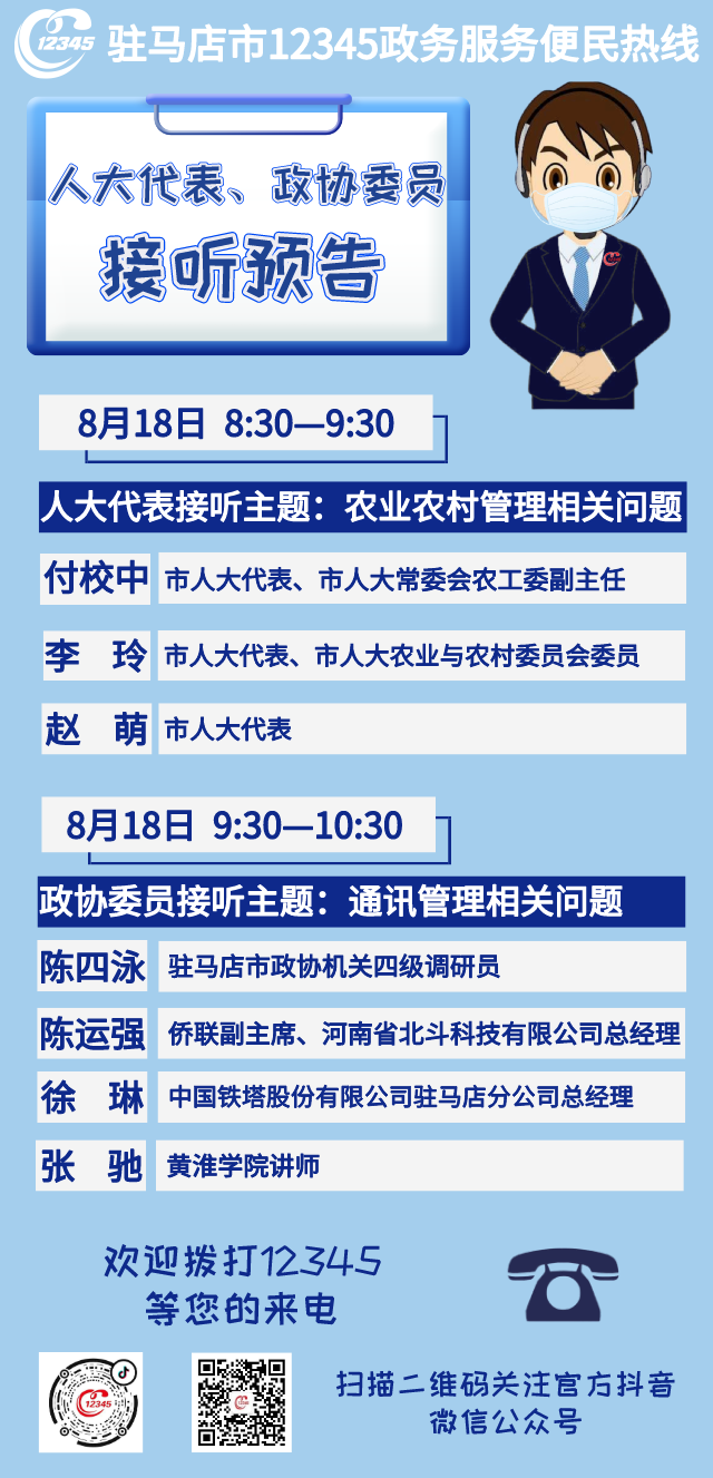 8月18日市人大代表、政協(xié)委員將接聽12345政務(wù)服務(wù)熱線