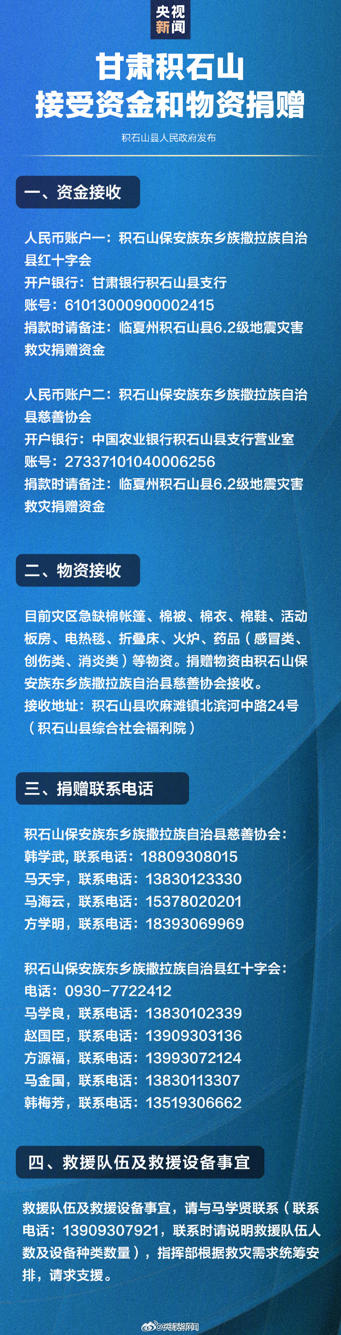 轉(zhuǎn)發(fā)擴散！甘肅積石山接受地震救災捐贈方式